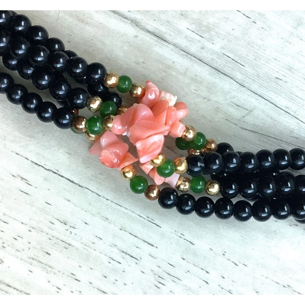 Vintage Beaded Necklace Coral Chip Jade Beads Black Torsade Extra Long 30